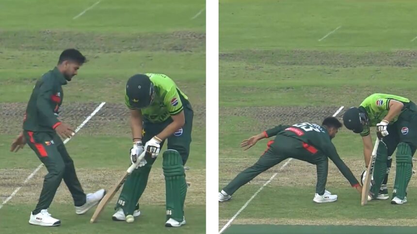 The controversial run out incident involving Bangladesh's Mehidy Hasan Miraz and Pakistan's Salman Ali Agha during the 2nd BAN vs PAK ODI. (Screengrab via Fan Code)