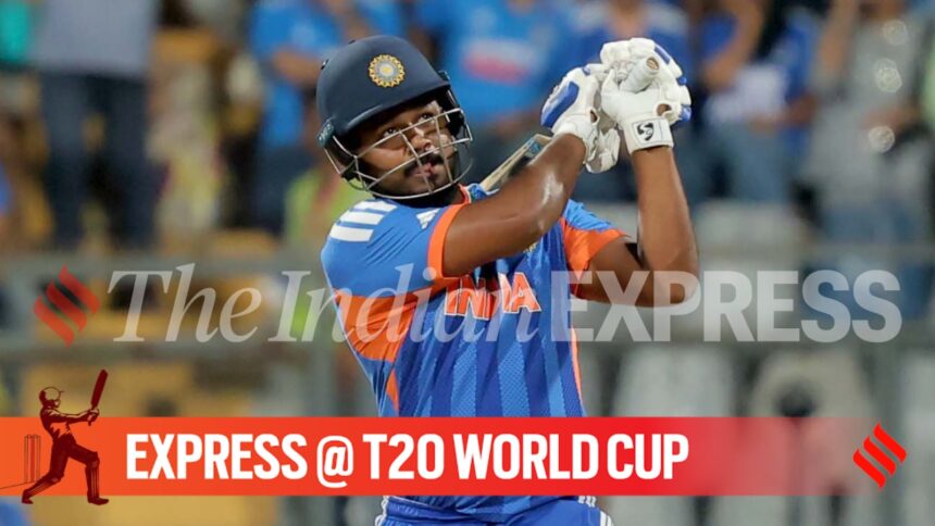 Sanju Samson's sparkling 89 powered India to a giant 253 against England at the Wankhede Stadium. (Express Photo by Narendra Vaskar)
