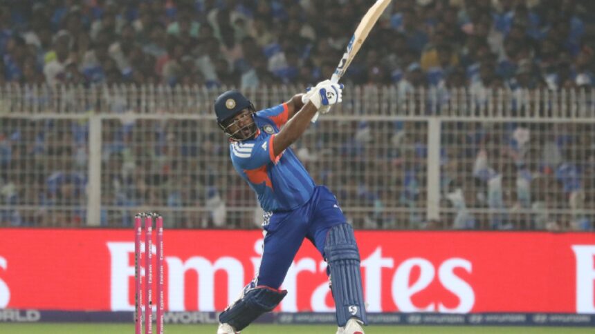 Sanju Samson in action against the West Indies. (Express photo by Partha Paul)