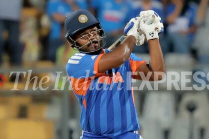 Sanju Samson's sparkling 89 powered India to a giant 253 against England at the Wankhede Stadium. (Express Photo by Narendra Vaskar)