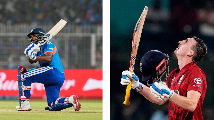 (LEFT) India's Sanju Samson plays a shot during the T20 World Cup cricket match against West Indies; (RIGHT) England's captain Harry Brook celebrates his century against Pakistan. (AP Photos)