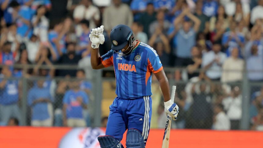 India's Sanju Samson smashed a 42-ball 89 in the T20 World Cup semi-final against England on Thursday at the Wankhede Stadium in Mumbai. (Express photo by Narendra Vaskar)
