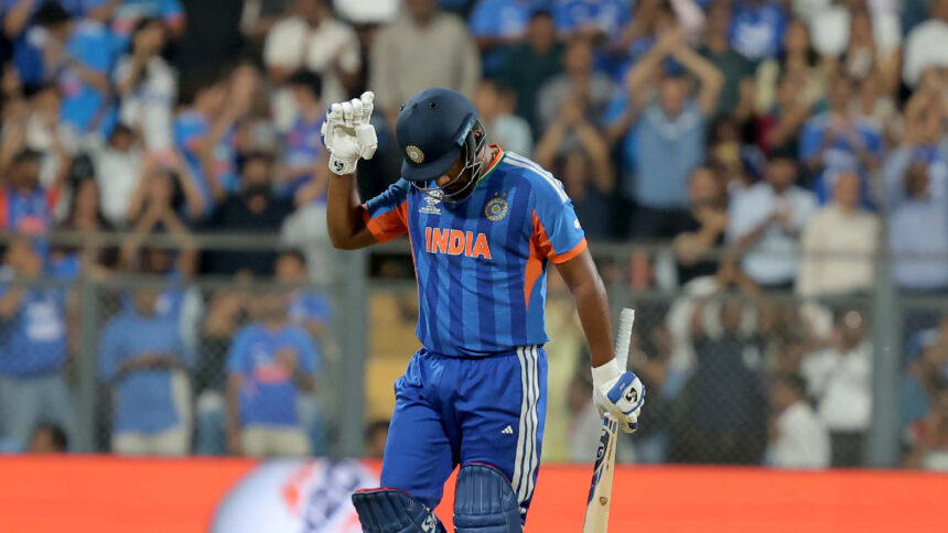 India's Sanju Samson smashed a 42-ball 89 in the T20 World Cup semi-final against England on Thursday at the Wankhede Stadium in Mumbai. (Express photo by Narendra Vaskar)