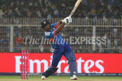 Sanju Samson's knock helped India beat West Indies and qualify for T20 World Cup 2026 semifinals. (Express photo by Partha Paul)