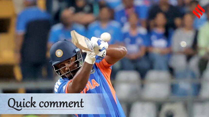 Sanju Samson smashed a 42-ball 89 in the T20 World Cup semi-final against England on Thursday at the Wankhede Stadium in Mumbai. (Express photo by Narendra Vaskar)