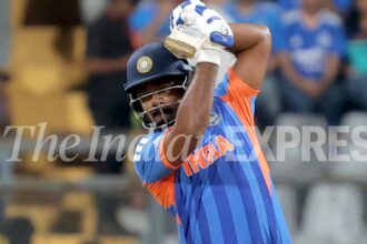 Sanju Samson's 42-ball 89 shattered records in the T20 World Cup semi-final in Mumbai. (Express Photo by Narendra Vaskar)