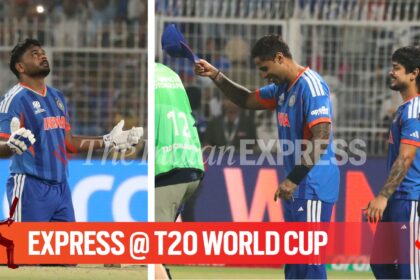 India skipper Suryakumar Yadav and Ishan Kishan congratulating Sanju Samson's after his blistering knock. (Express photo by Partha Paul)