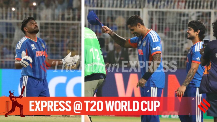 India skipper Suryakumar Yadav and Ishan Kishan congratulating Sanju Samson's after his blistering knock. (Express photo by Partha Paul)