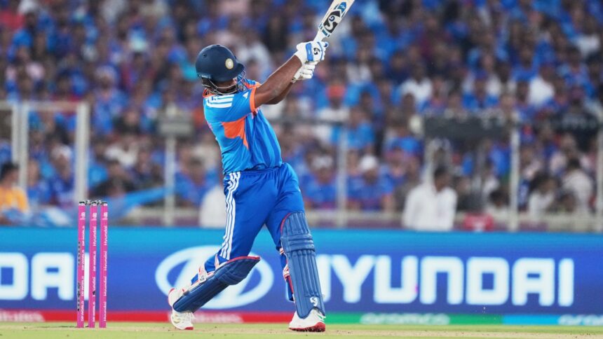 Sanju Samson in action during T20 World Cup 2026 final vs New Zealand in Ahmedabad. (PHOTO: AP)