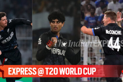 New Zealand spinners Mitch Santner, Rachin Ravindra and Cole McConchie in action during T20 World Cup 2026 vs South Africa. (CREDIT: AP & Express photo by Partha Paul)