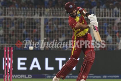 West Indies skipper Shai Hope scored 33-ball 32 vs India in the T20 World Cup Super 8 match in Kolkata. (Express photo by Partha Paul)