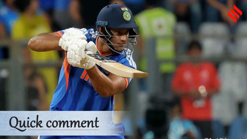 India's Shivam Dube plays a shot during the T20 World Cup cricket semi-final match between India and England at Mumbai's Wankhede Stadium. (Express photo by Narendra Vaskar)