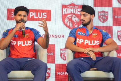 Punjab Kings captain Shreyas Iyer and Arshdeep Singh at the team's jersey launch event. (Photo: Punjab Kings)