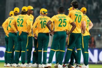 South Africa's players wait for the third umpire's decision for the wicket of New Zealand's Tim Seifert during the first T20 World Cup cricket semifinal match between New Zealand and South Africa in Kolkata, India, Wednesday, March 4, 2026. (AP Photo)