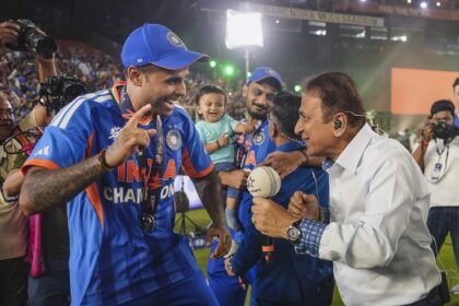 Sunil Gavaskar shakes a leg with India captain Suryakumar Yadav after India win the 2026 T20 World Cup. (PTI Photo)