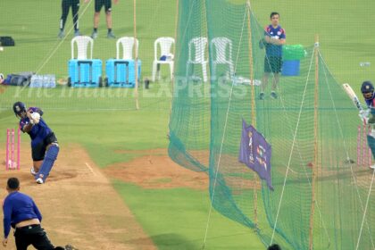 Suryakumar Yadav and Sanju Samson in the nets as Gautam Gambhir watches on at the Wankhede Stadium ahead of India's T20 World Cup semifinal vs England. (Express Photo by Narendra Vaskar)