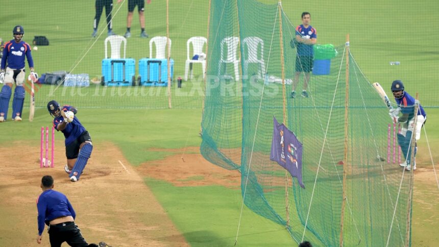 Suryakumar Yadav and Sanju Samson in the nets as Gautam Gambhir watches on at the Wankhede Stadium ahead of India's T20 World Cup semifinal vs England. (Express Photo by Narendra Vaskar)