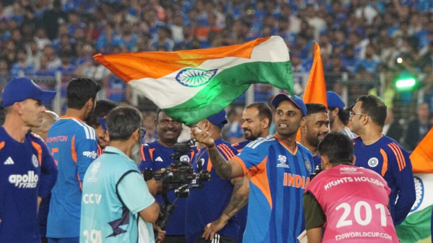 India captain Suryakumar Yadav at the Narendra Modi Stadium in Ahmedabad after India won the ICC Men's T20 World Cup 2026 Final against New Zealand. (Express Photo by Bhupendra Rana)
