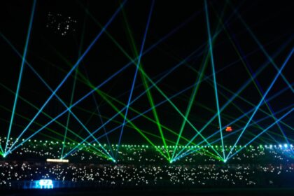 A laser show entertains spectators during a drinks break of the T20 World Cup cricket match between India and West Indies in Kolkata, India, Sunday. (AP Photo)