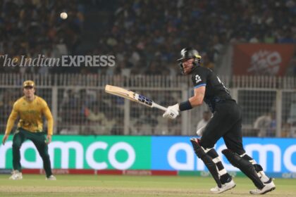 Tim Allen scored an unbeaten century in 33 balls to guide New Zealand to the T20 World Cup semis. (Express photo by Partha Paul)