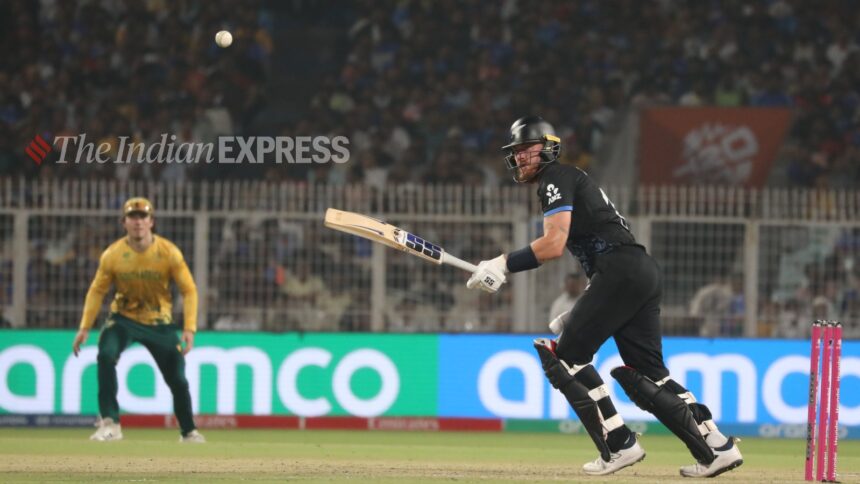Tim Allen scored an unbeaten century in 33 balls to guide New Zealand to the T20 World Cup semis. (Express photo by Partha Paul)