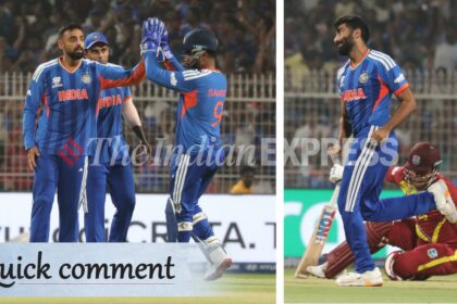Varun Chakaravarthy and Jasprit Bumrah accounted for three wickets combined and gave 76 runs in their 8 overs during India vs West Indies T20 World Cup 2026 Super 8 match. (Express photo by Partha Paul)