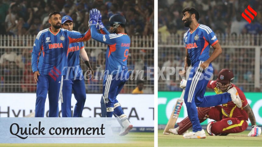 Varun Chakaravarthy and Jasprit Bumrah accounted for three wickets combined and gave 76 runs in their 8 overs during India vs West Indies T20 World Cup 2026 Super 8 match. (Express photo by Partha Paul)