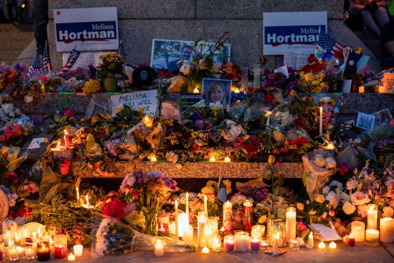A memorial seen outside the Minnesota State Capitol following the killing of Democratic state assemblywoman Melissa Hortman and her husband Mark, in St. Paul, Minnesota, on June 18, 2025.