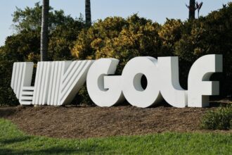 The LIV Golf logo is on display along the 10th hole during the second round of LIV Golf Miami golf tournament at Trump National Doral in 2024.
