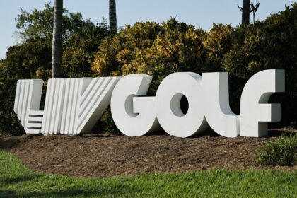 The LIV Golf logo is on display along the 10th hole during the second round of LIV Golf Miami golf tournament at Trump National Doral in 2024.