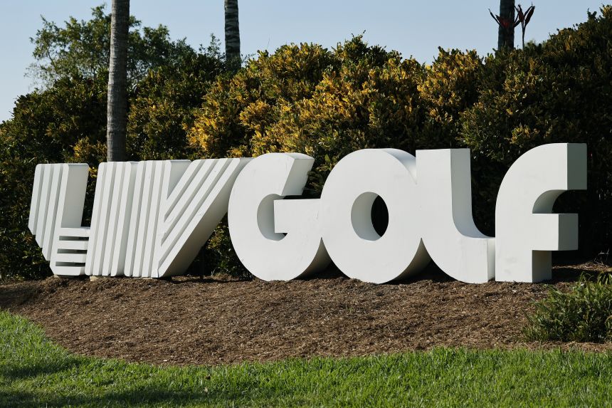 The LIV Golf logo is on display along the 10th hole during the second round of LIV Golf Miami golf tournament at Trump National Doral in 2024.