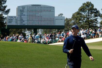 Rory McIlroy reacts on the 17th hole during the first round of the 2026 Masters at Augusta National Golf Club, Augusta, Georgia on Thursday.