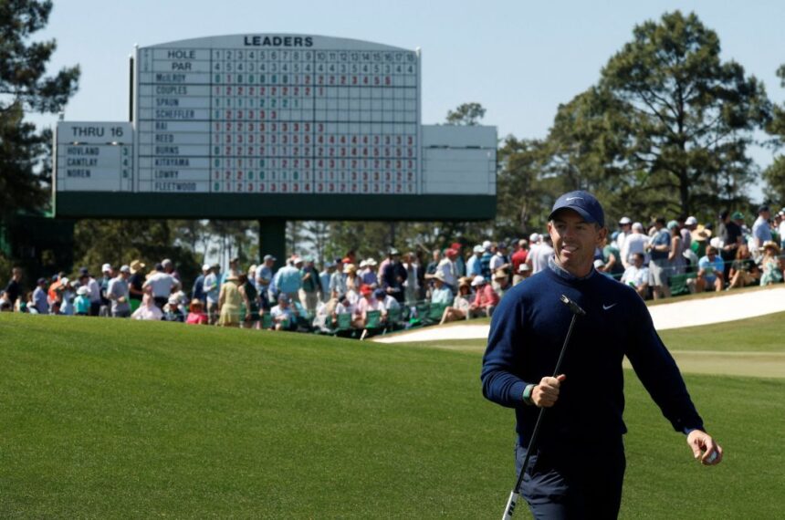 Rory McIlroy reacts on the 17th hole during the first round of the 2026 Masters at Augusta National Golf Club, Augusta, Georgia on Thursday.