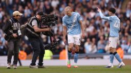 Erling Haaland with his message to the camera after Manchester City beat Arsenal.