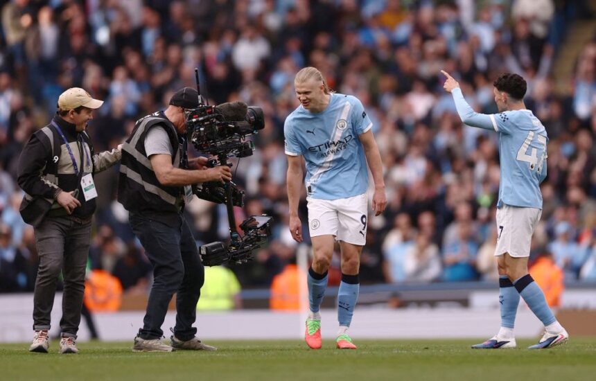 Erling Haaland with his message to the camera after Manchester City beat Arsenal.