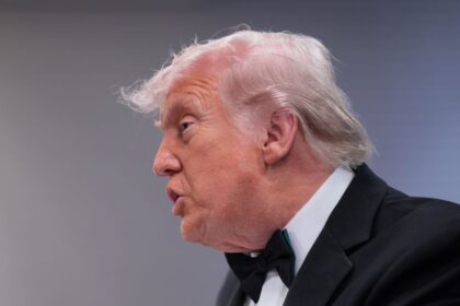 President Donald Trump holds a press briefing at the White House, following a shooting incident during the annual White House Correspondents’ Dinner, in Washington, DC, on Saturday.