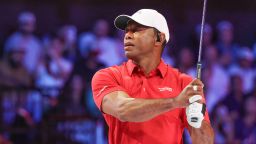 Tiger Woods of the Jupiter Links Golf Club plays his shot from the second tee the TGL finals golf tournament in Palm Beach Gardens, Florida, on March 24.