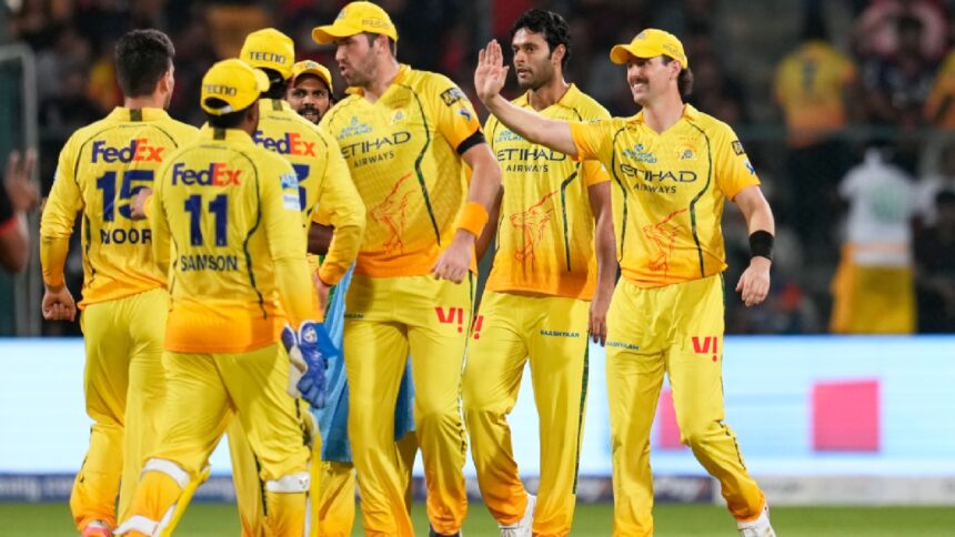 IPL 2026, Chennai Super Kings (CSK) vs Delhi Capitals (DC) Match: Chennai Super Kings' players celebrate a Royal Challengers Bengaluru wicket during an IPL 2026 cricket match. (AP Photo)