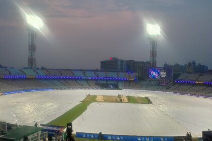 IPL 2026: The Eden Gardens ground under covers a few hours out from the KKR vs PBKS match on Monday. (Express Photo by Sayak Dutta)