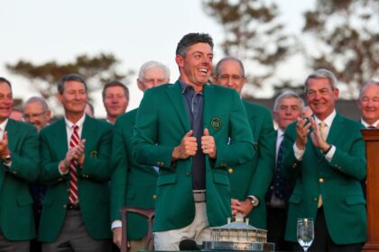 Rory McIlroy wears the famous green jacket after winning the Masters last year.