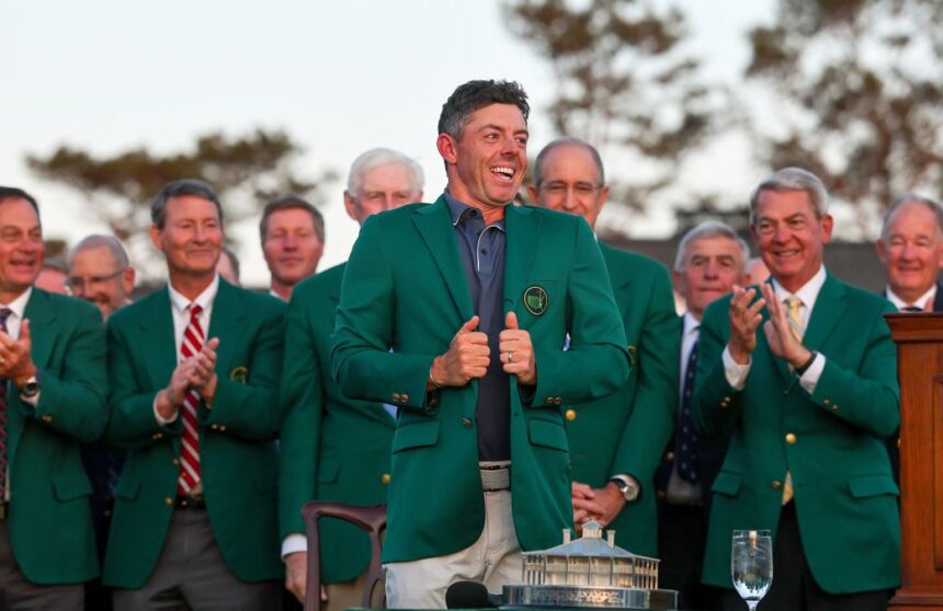 Rory McIlroy wears the famous green jacket after winning the Masters last year.