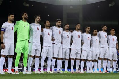 Players of Iran line up prior to their match against Qatar in 2025 in Doha, Qatar.