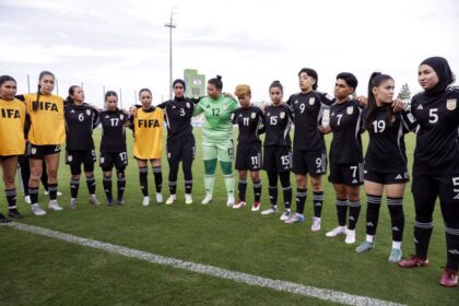 Afghanistan's players prepare to compete in the FIFA Unites Women's Series 2025 match between Afghan Women United and Chad in Berrechid, Morocco, on October 26, 2025.