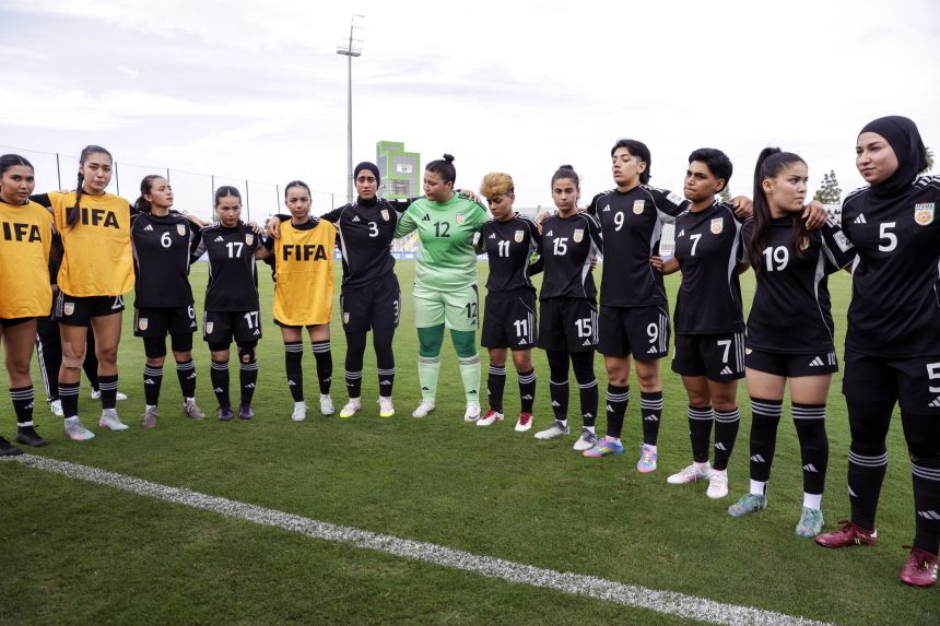 Afghanistan's players prepare to compete in the FIFA Unites Women's Series 2025 match between Afghan Women United and Chad in Berrechid, Morocco, on October 26, 2025.