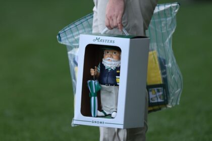 A view of a Masters Gnome being carried by a patron during a practice round prior to the 2026 Masters Tournament at Augusta National Golf Club on April 6, 2026 in Augusta, Georgia.