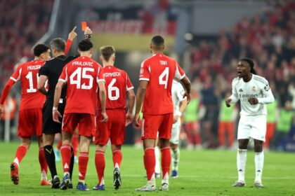 Eduardo Camavinga was shown a red card at the end of the Champions League tie.