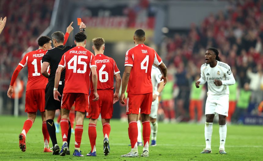 Eduardo Camavinga was shown a red card at the end of the Champions League tie.