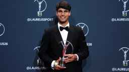 MADRID, SPAIN - APRIL 20:  Carlos Alcaraz poses with the Laureus World Sportsman of the Year award during the Laureus World Sports Awards Madrid 2026 Winners Walk on April 20, 2026 in Madrid, Spain. (Photo by Angel Martinez/Getty Images for Laureus)
