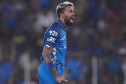 Mumbai Indians' captain Hardik Pandya celebrates the wicket of Gujarat Titans' Jos Buttler during the Indian Premier League cricket match between Gujarat Titans and Mumbai Indians in Ahmedabad, India, Monday, April 20, 2026. (AP Photo)