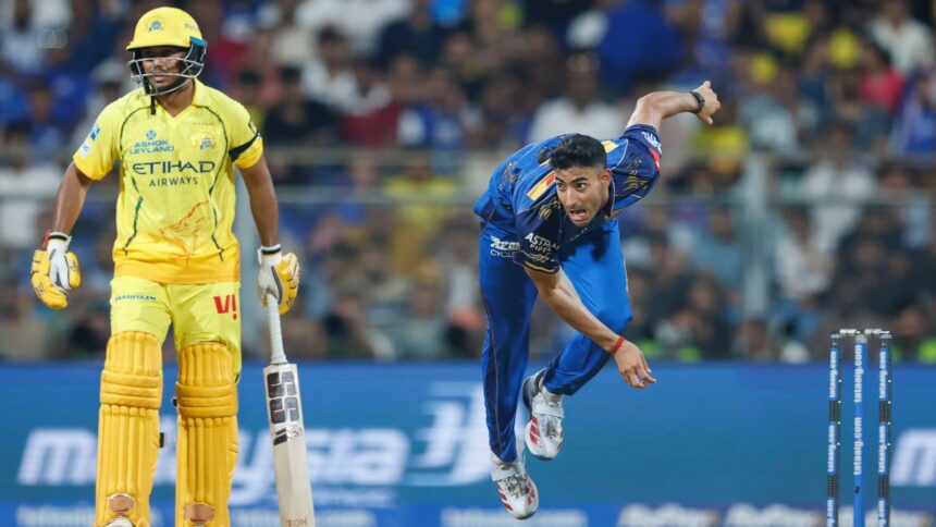 MI pacer Krish Bhagat bowled death overs against CSK in IPL 2026 at Wankhede Stadium in Mumbai. (CREIMAS FOR IPL)